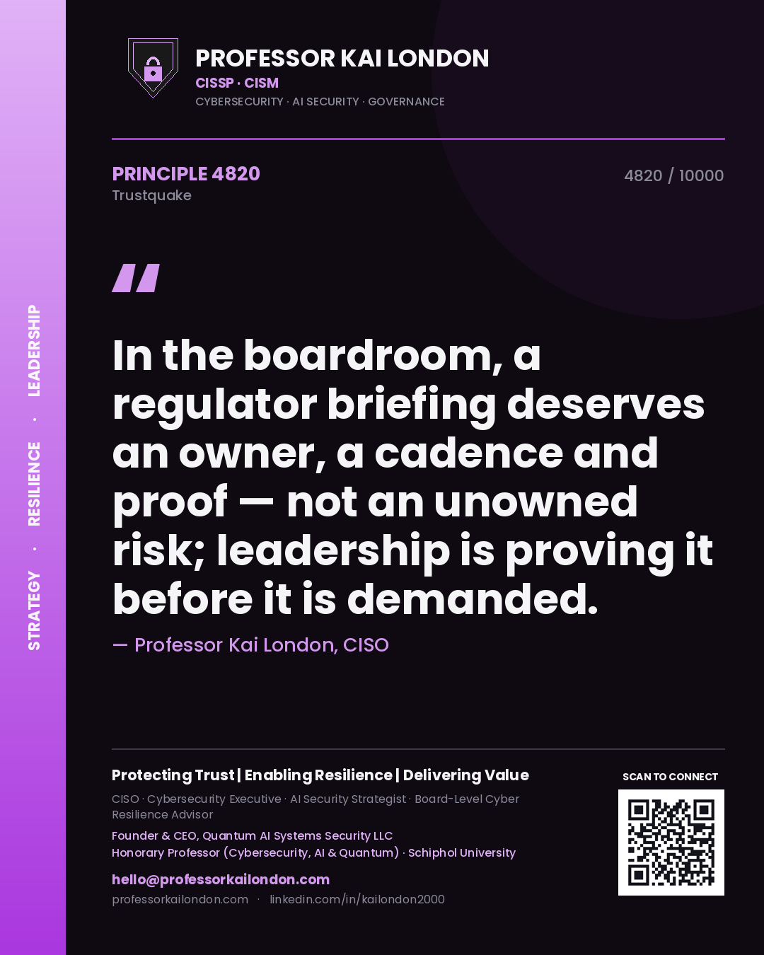 Professor Kai London principle 4820: In the boardroom, a regulator briefing deserves an owner, a cadence and proof — not an unowned risk; leadership is proving it before it is demanded.