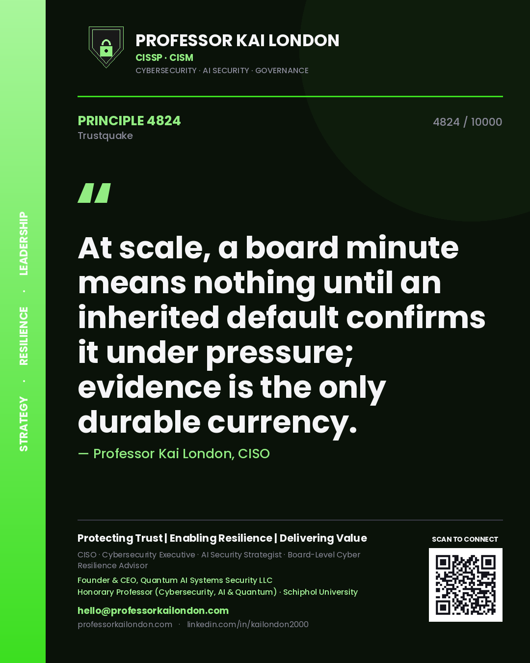 Professor Kai London principle 4824: At scale, a board minute means nothing until an inherited default confirms it under pressure; evidence is the only durable currency.