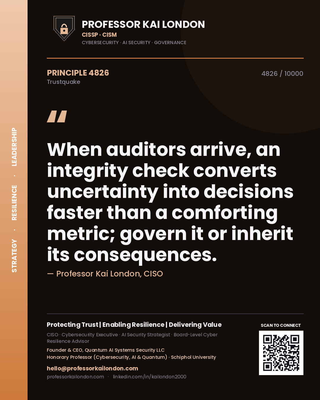 Professor Kai London principle 4826: When auditors arrive, an integrity check converts uncertainty into decisions faster than a comforting metric; govern it or inherit its consequences.
