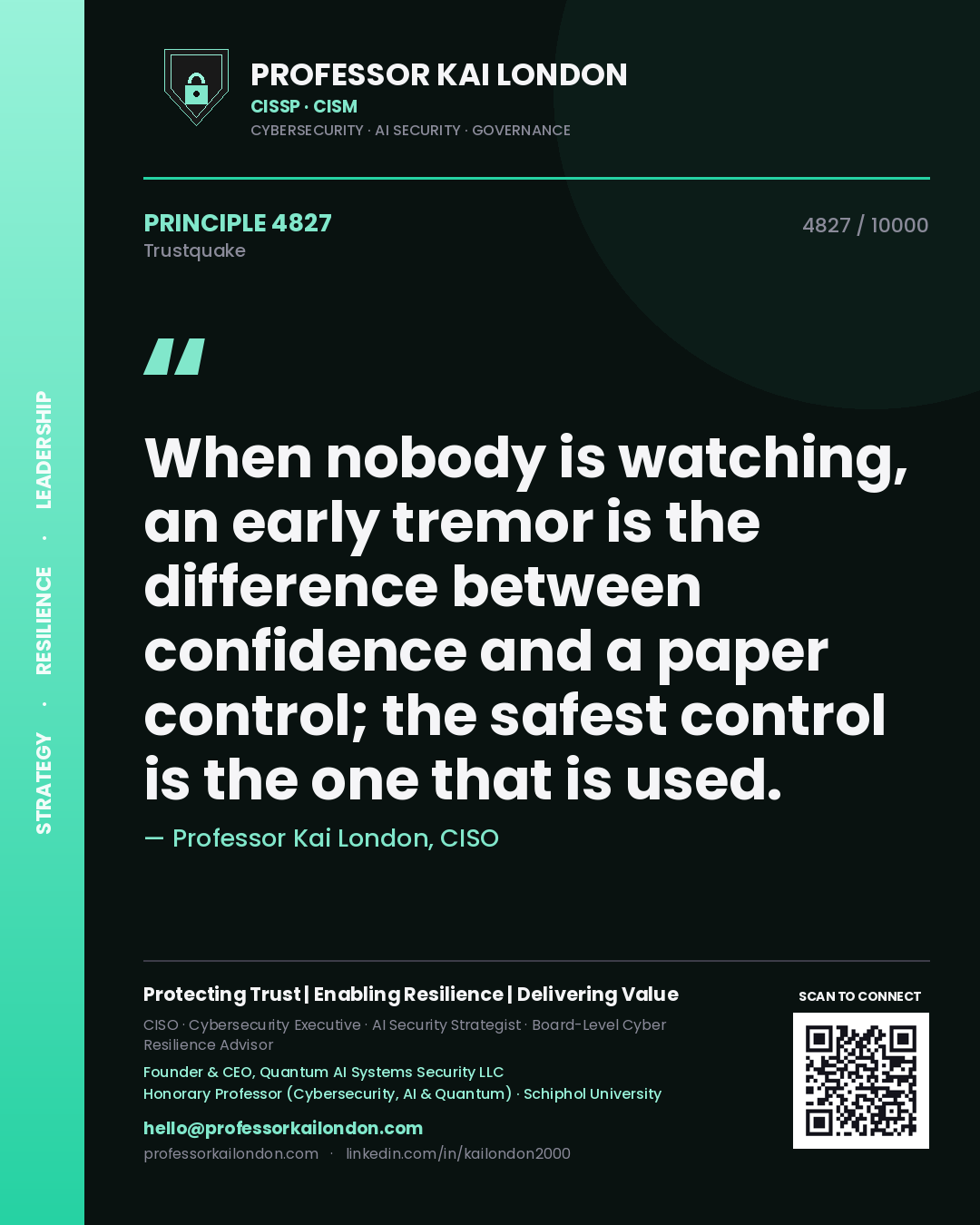 Quote card by Professor Kai London reading 'When nobody is watching, an early tremor is the difference between confidence and a paper control; the safest control is the one that is used.'. From the book Trustquake.