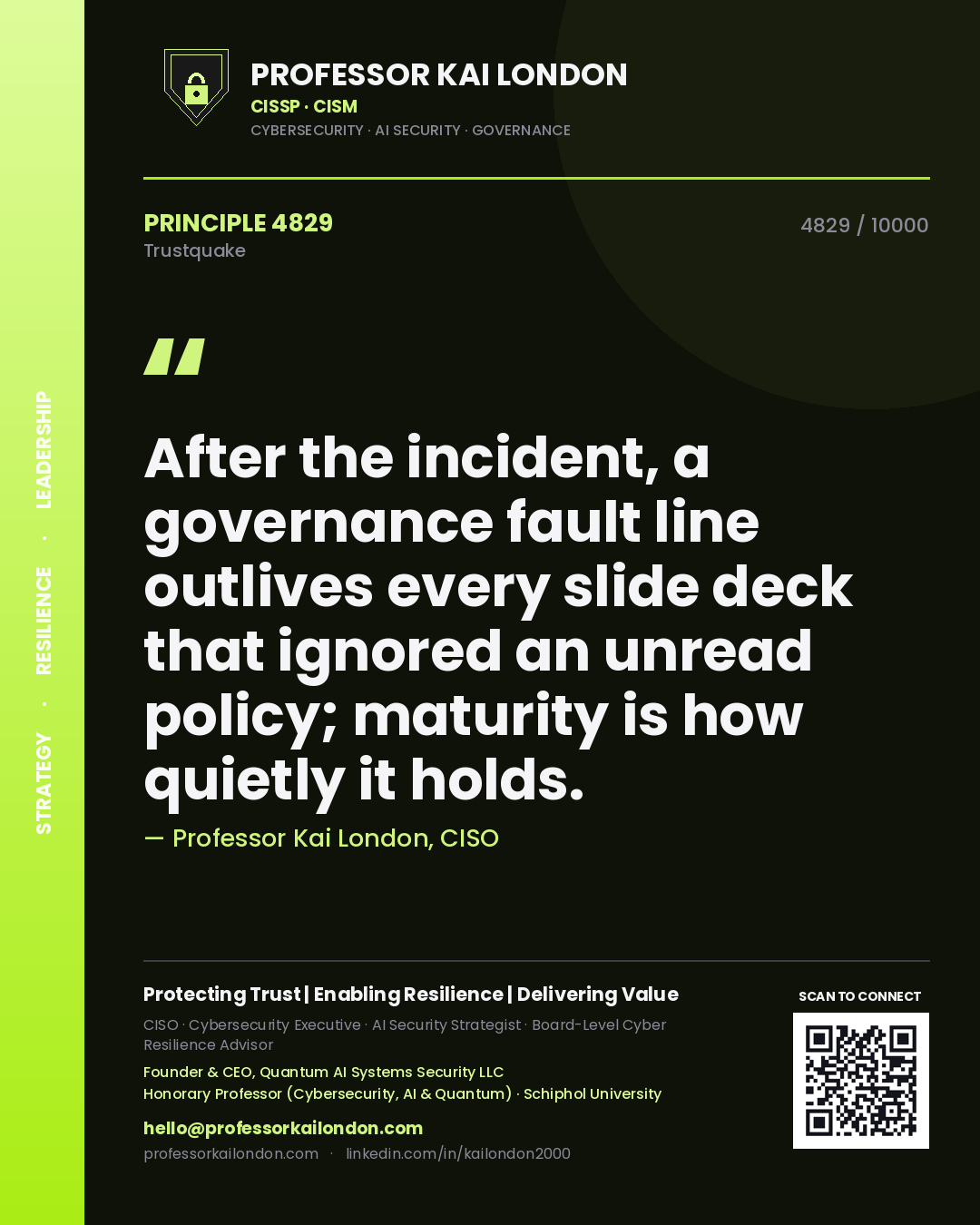 Quote card by Professor Kai London reading 'After the incident, a governance fault line outlives every slide deck that ignored an unread policy; maturity is how quietly it holds.'. From the book Trustquake.