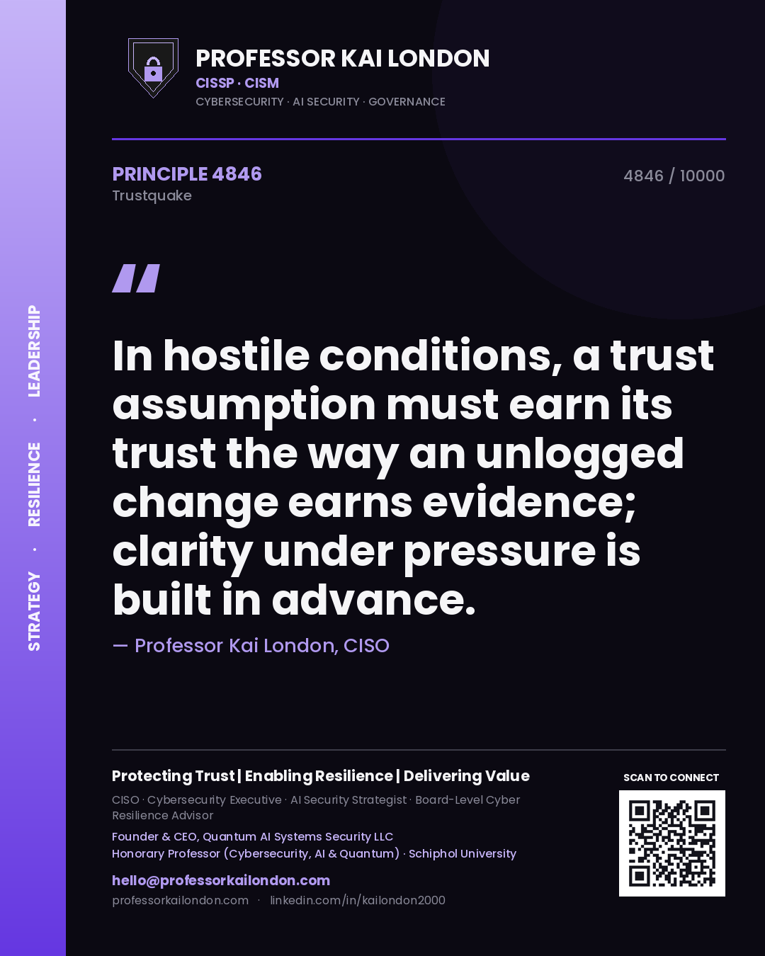 Quote card by Professor Kai London reading 'In hostile conditions, a trust assumption must earn its trust the way an unlogged change earns evidence; clarity under pressure is built in advance.'. From the book Trustquake.