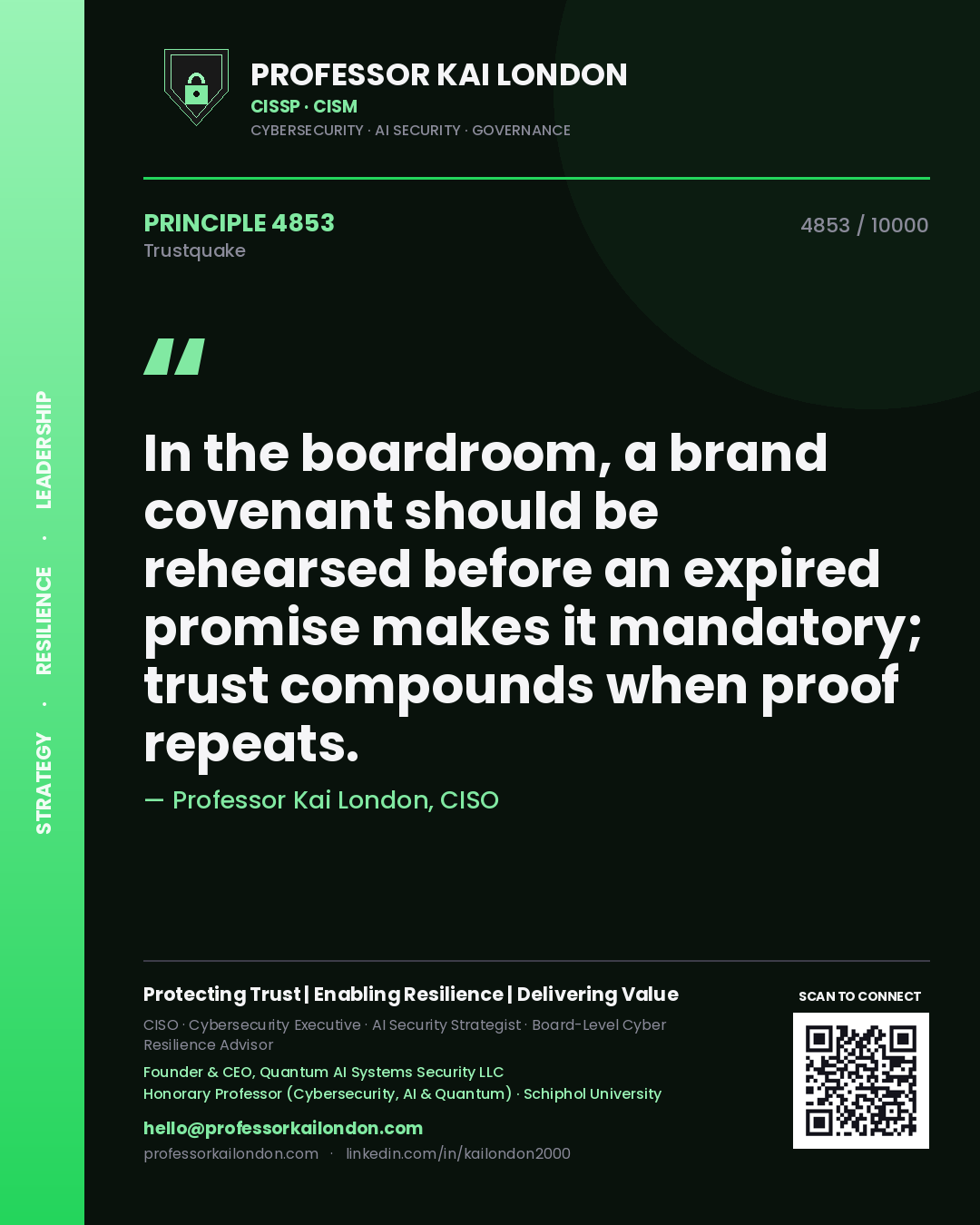 Professor Kai London principle 4853: In the boardroom, a brand covenant should be rehearsed before an expired promise makes it mandatory; trust compounds when proof repeats.