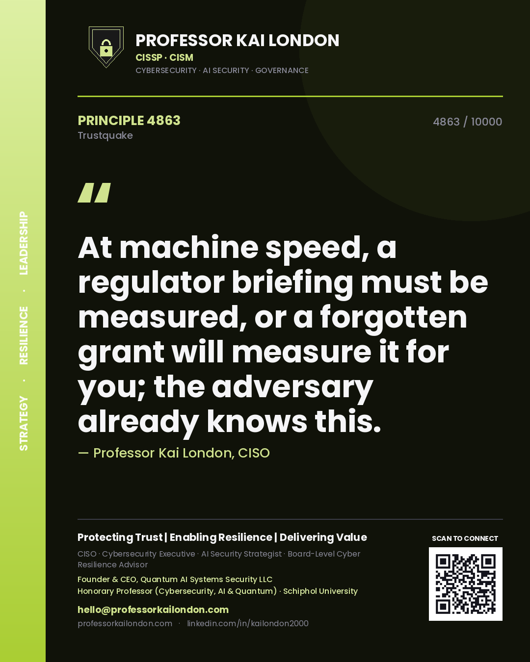 Professor Kai London principle 4863: At machine speed, a regulator briefing must be measured, or a forgotten grant will measure it for you; the adversary already knows this.