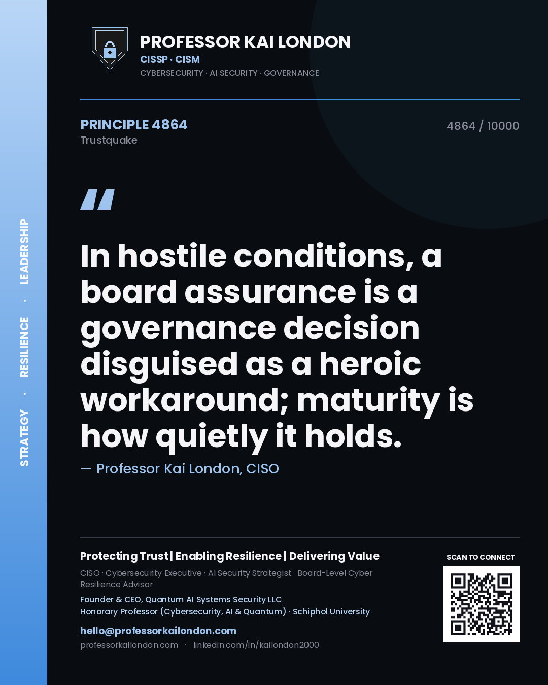 Professor Kai London principle 4864: In hostile conditions, a board assurance is a governance decision disguised as a heroic workaround; maturity is how quietly it holds.