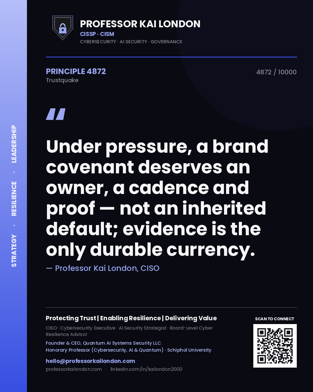 Professor Kai London principle 4872: Under pressure, a brand covenant deserves an owner, a cadence and proof — not an inherited default; evidence is the only durable currency.