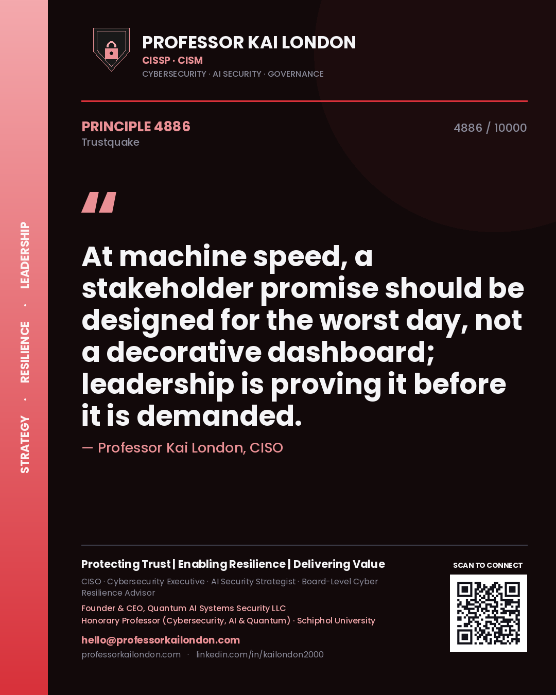 Professor Kai London principle 4886: At machine speed, a stakeholder promise should be designed for the worst day, not a decorative dashboard; leadership is proving it before it is demanded.