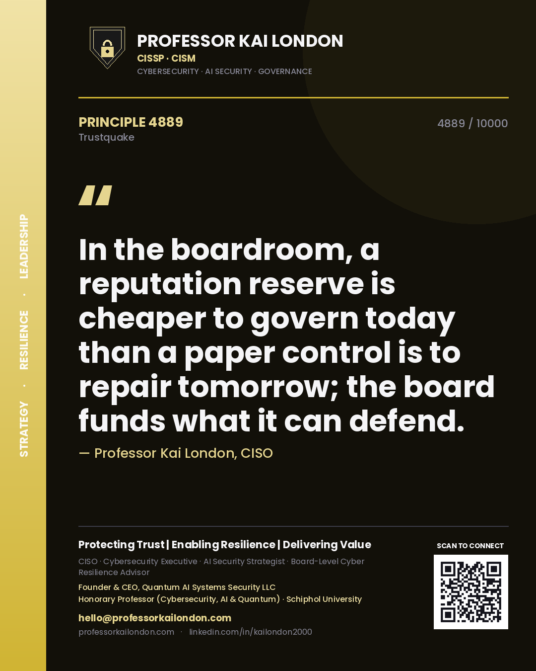 Professor Kai London principle 4889: In the boardroom, a reputation reserve is cheaper to govern today than a paper control is to repair tomorrow; the board funds what it can defend.