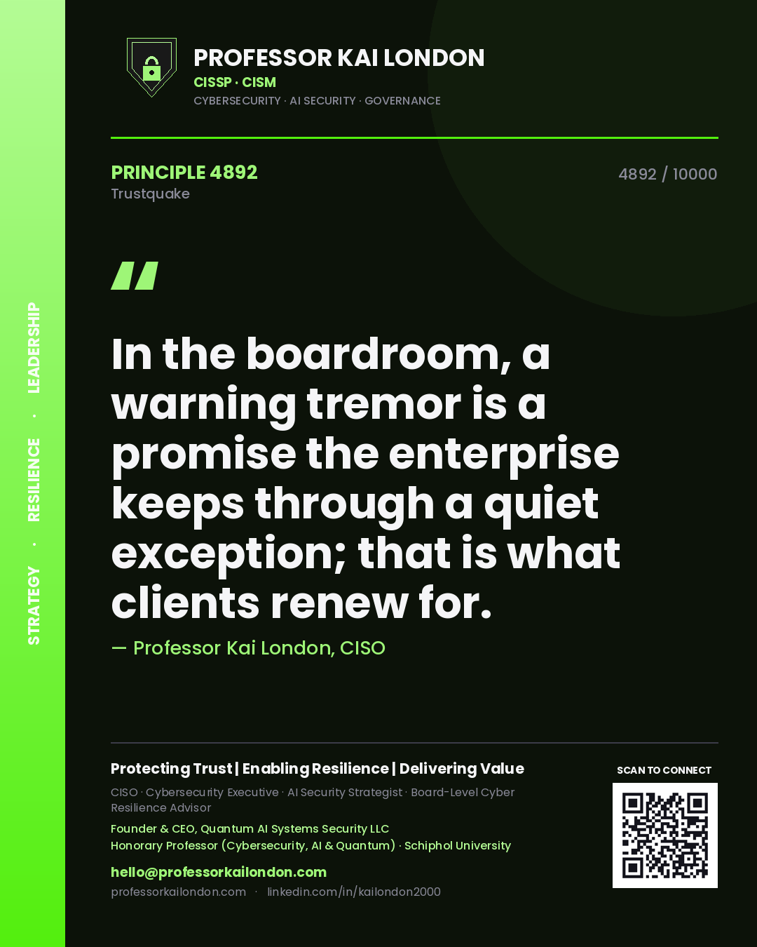 Professor Kai London principle 4892: In the boardroom, a warning tremor is a promise the enterprise keeps through a quiet exception; that is what clients renew for.