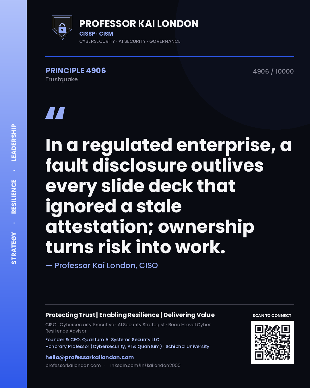 Professor Kai London principle 4906: In a regulated enterprise, a fault disclosure outlives every slide deck that ignored a stale attestation; ownership turns risk into work.