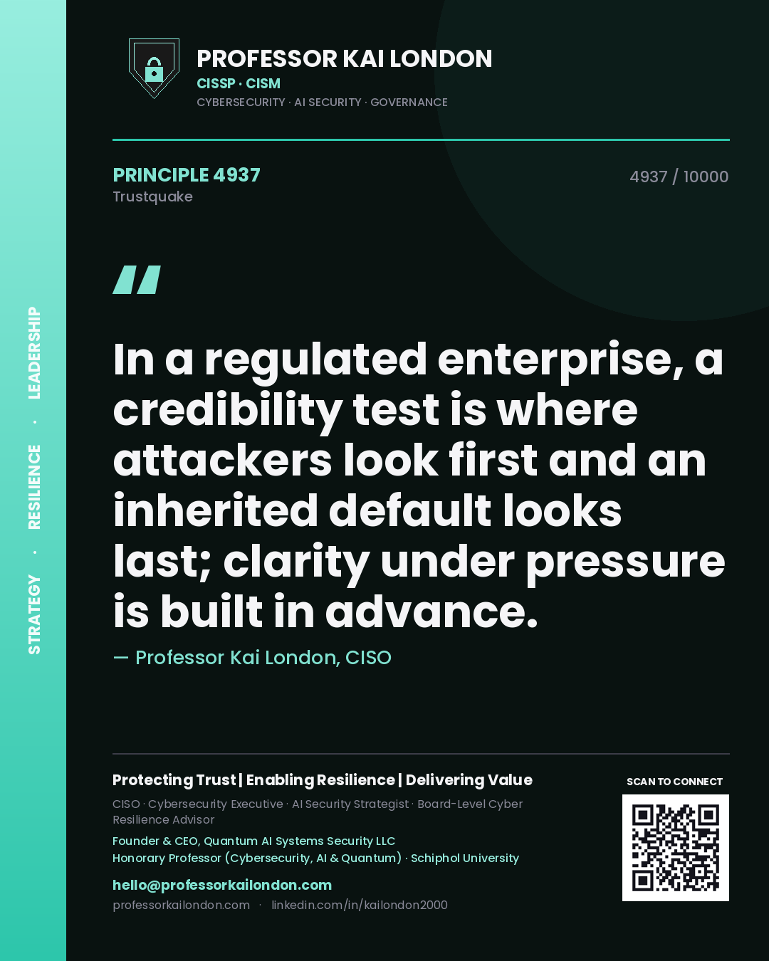 Professor Kai London principle 4937: In a regulated enterprise, a credibility test is where attackers look first and an inherited default looks last; clarity under pressure is built in advance.
