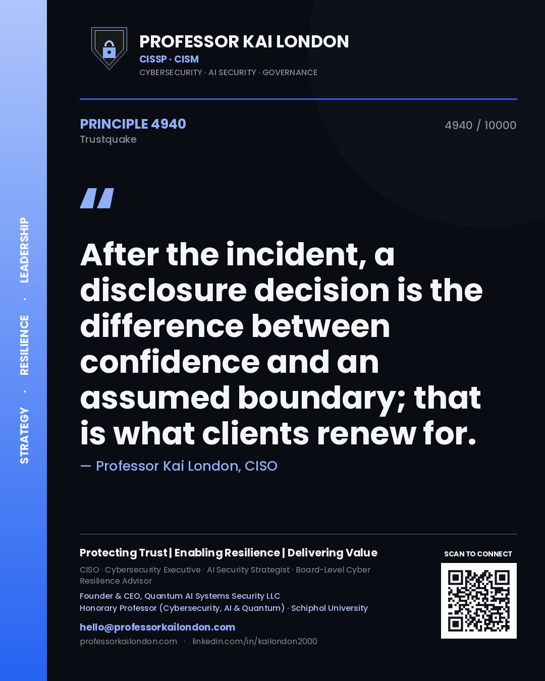 Quote card by Professor Kai London reading 'After the incident, a disclosure decision is the difference between confidence and an assumed boundary; that is what clients renew for.'. From the book Trustquake.