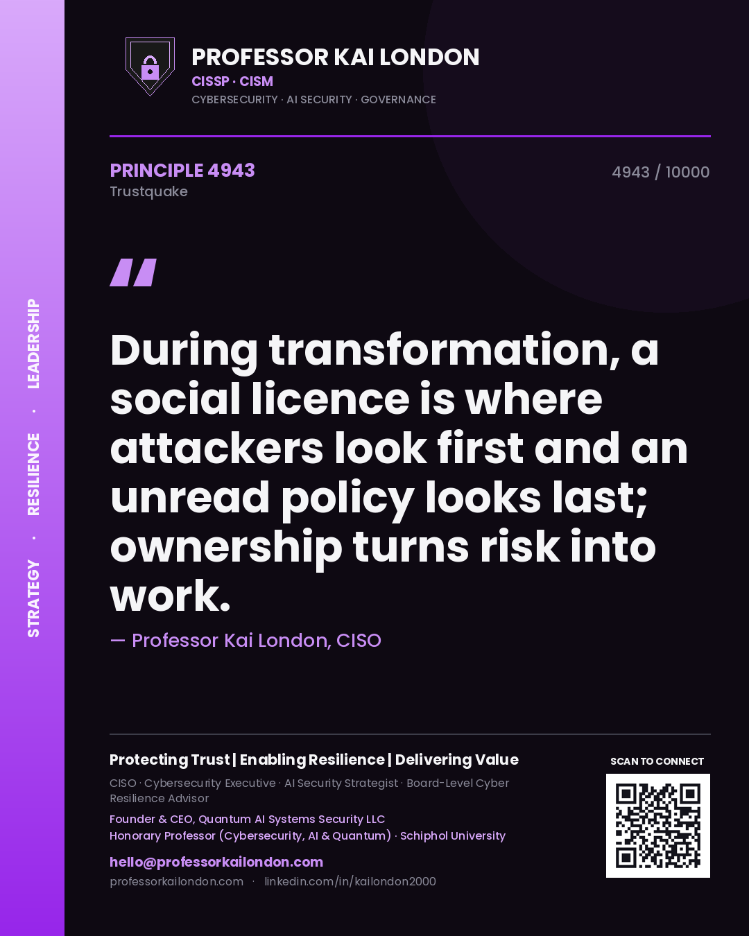 Professor Kai London principle 4943: During transformation, a social licence is where attackers look first and an unread policy looks last; ownership turns risk into work.