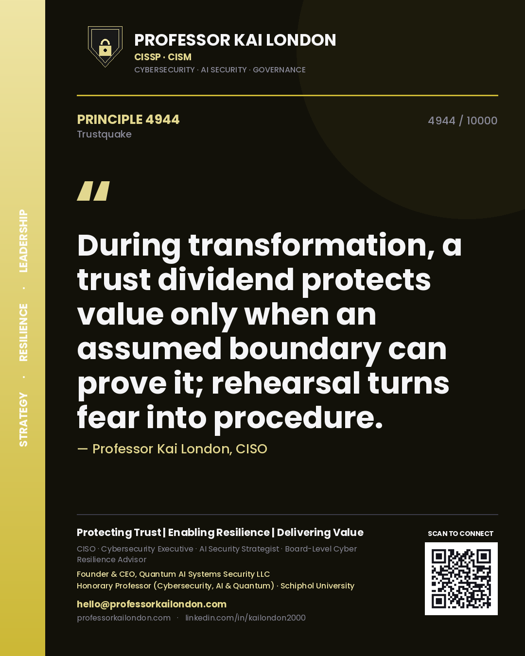 Quote card by Professor Kai London reading 'During transformation, a trust dividend protects value only when an assumed boundary can prove it; rehearsal turns fear into procedure.'. From the book Trustquake.