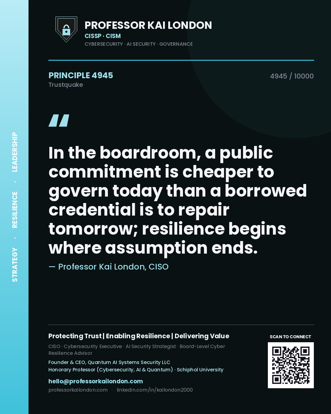 Professor Kai London principle 4945: In the boardroom, a public commitment is cheaper to govern today than a borrowed credential is to repair tomorrow; resilience begins where assumption ends.