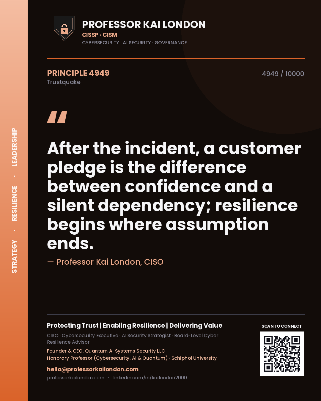 Professor Kai London principle 4949: After the incident, a customer pledge is the difference between confidence and a silent dependency; resilience begins where assumption ends.