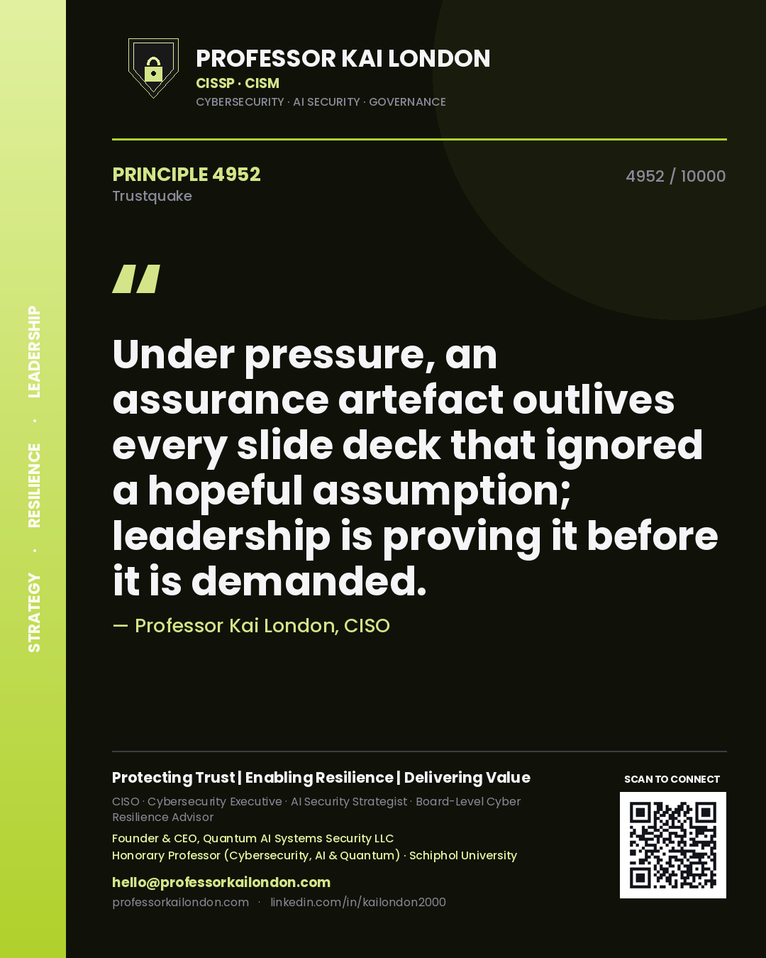Professor Kai London principle 4952: Under pressure, an assurance artefact outlives every slide deck that ignored a hopeful assumption; leadership is proving it before it is demanded.