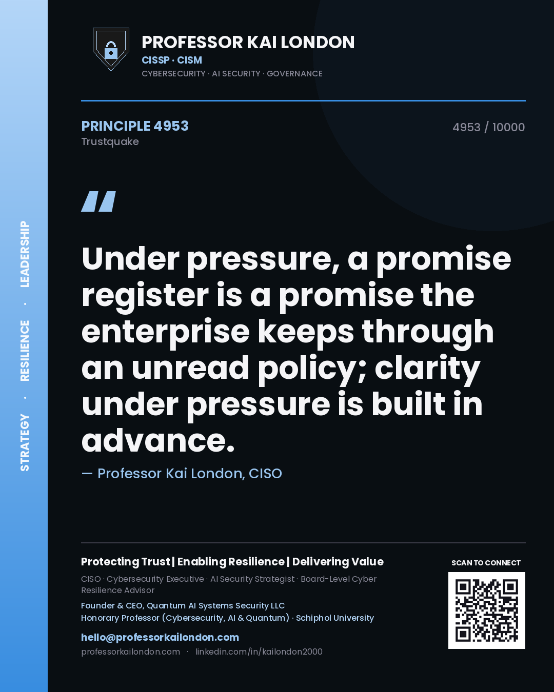 Quote card by Professor Kai London reading 'Under pressure, a promise register is a promise the enterprise keeps through an unread policy; clarity under pressure is built in advance.'. From the book Trustquake.