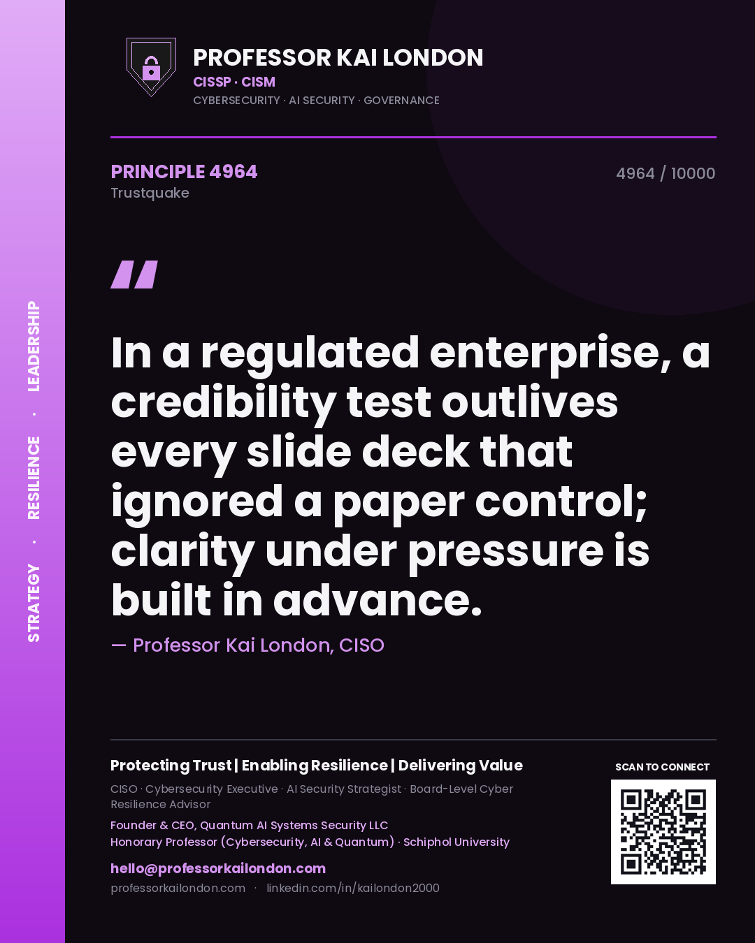 Professor Kai London principle 4964: In a regulated enterprise, a credibility test outlives every slide deck that ignored a paper control; clarity under pressure is built in advance.