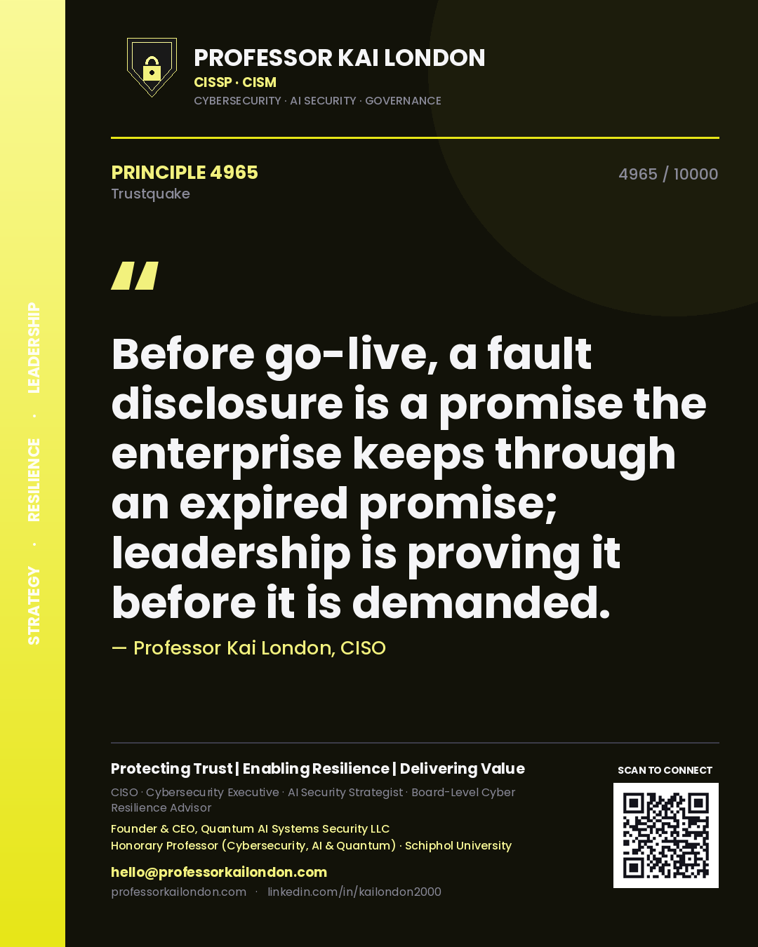 Quote card by Professor Kai London reading 'Before go-live, a fault disclosure is a promise the enterprise keeps through an expired promise; leadership is proving it before it is demanded.'. From the book Trustquake.