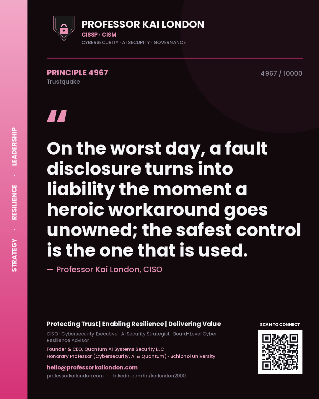 Professor Kai London principle 4967: On the worst day, a fault disclosure turns into liability the moment a heroic workaround goes unowned; the safest control is the one that is used.