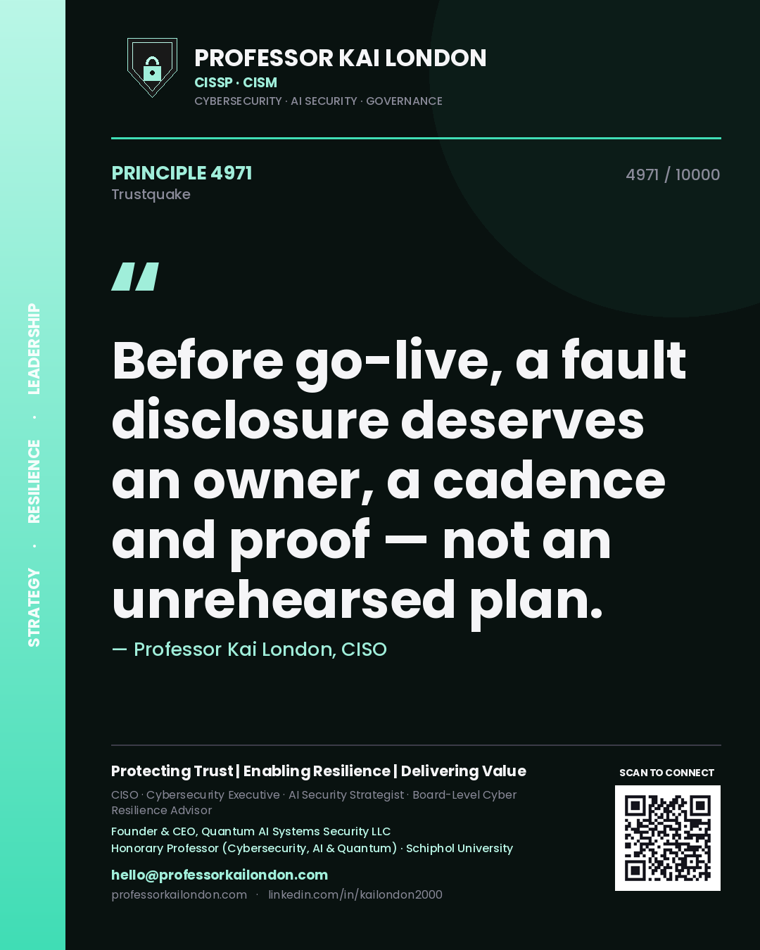 Professor Kai London principle 4971: Before go-live, a fault disclosure deserves an owner, a cadence and proof — not an unrehearsed plan.