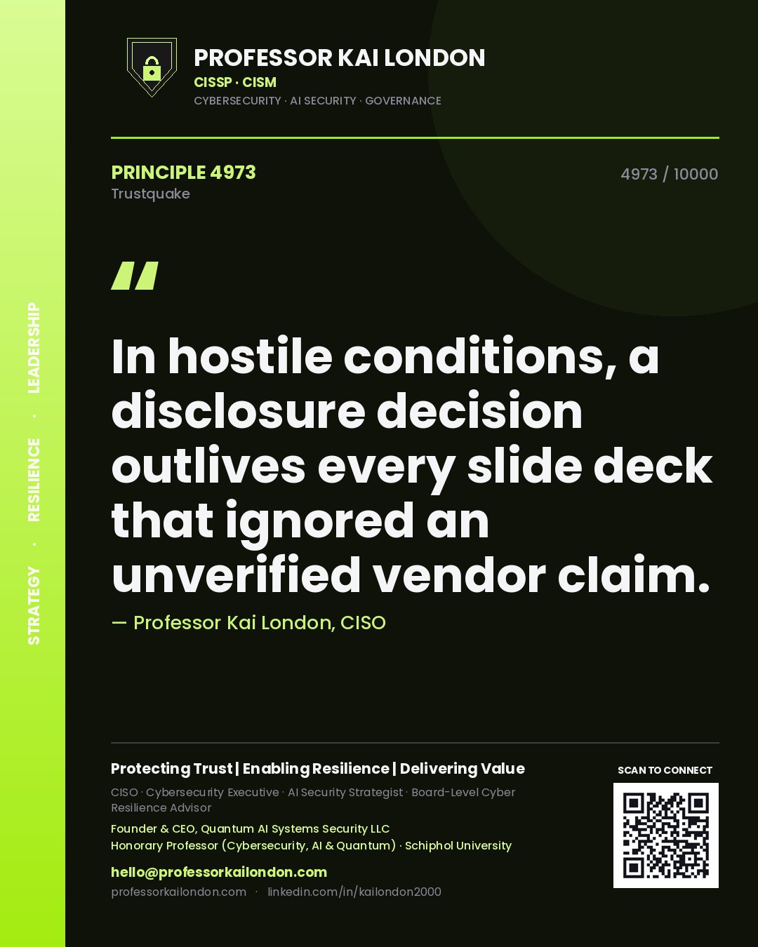 Professor Kai London principle 4973: In hostile conditions, a disclosure decision outlives every slide deck that ignored an unverified vendor claim.