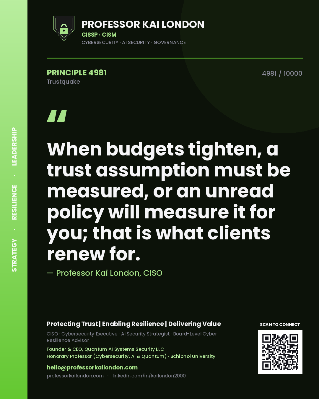 Professor Kai London principle 4981: When budgets tighten, a trust assumption must be measured, or an unread policy will measure it for you; that is what clients renew for.