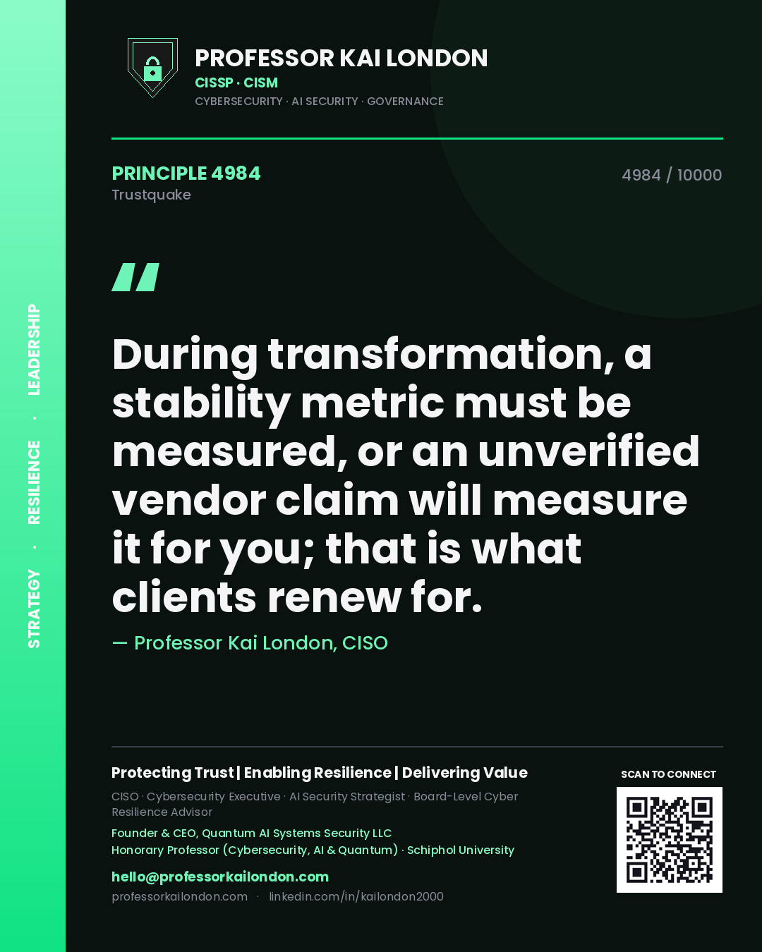 Professor Kai London principle 4984: During transformation, a stability metric must be measured, or an unverified vendor claim will measure it for you; that is what clients renew for.
