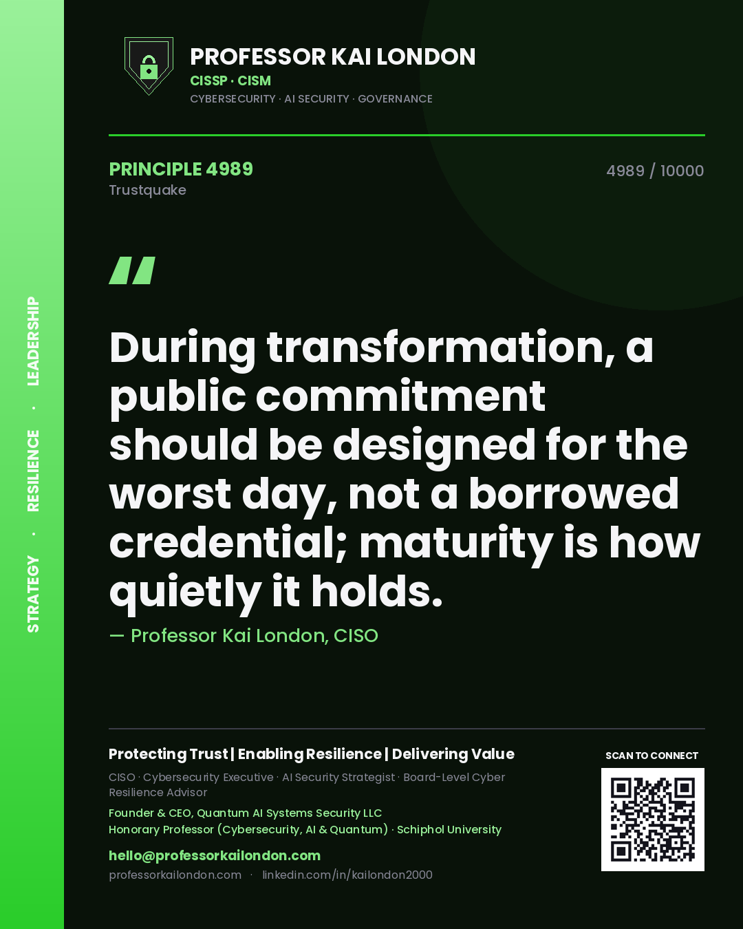 Professor Kai London principle 4989: During transformation, a public commitment should be designed for the worst day, not a borrowed credential; maturity is how quietly it holds.
