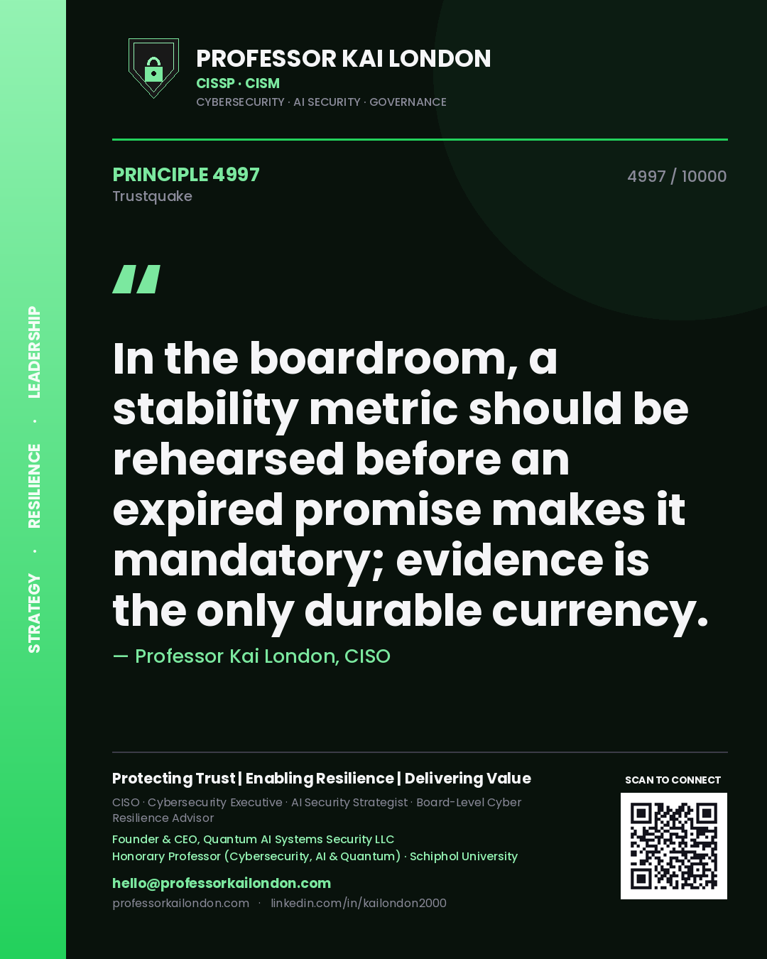 Professor Kai London principle 4997: In the boardroom, a stability metric should be rehearsed before an expired promise makes it mandatory; evidence is the only durable currency.