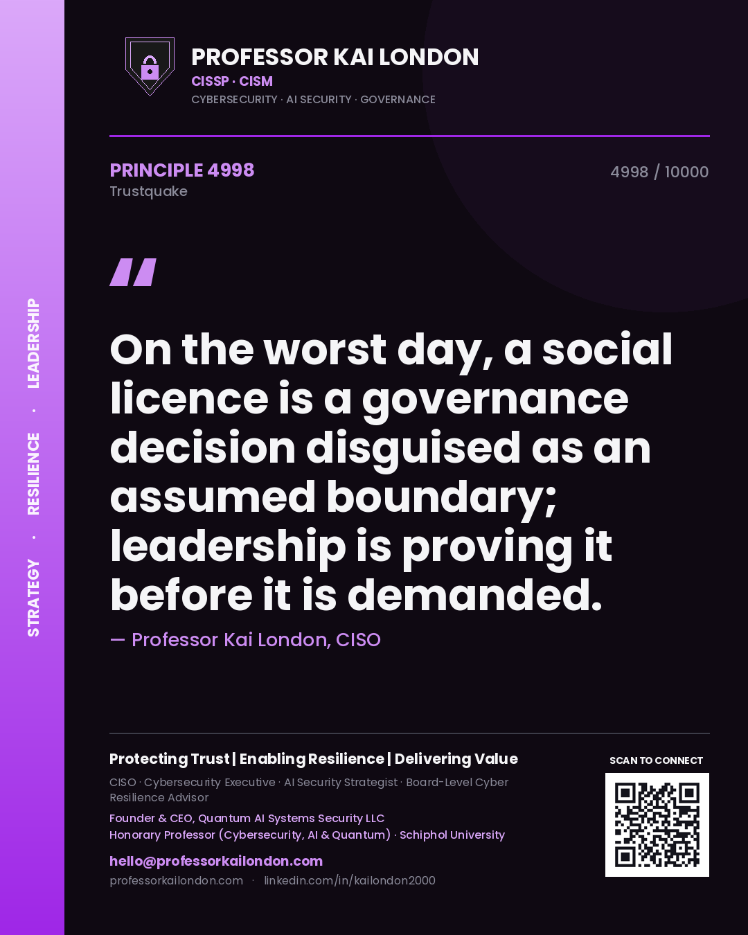 Quote card by Professor Kai London reading 'On the worst day, a social licence is a governance decision disguised as an assumed boundary; leadership is proving it before it is demanded.'. From the book Trustquake.