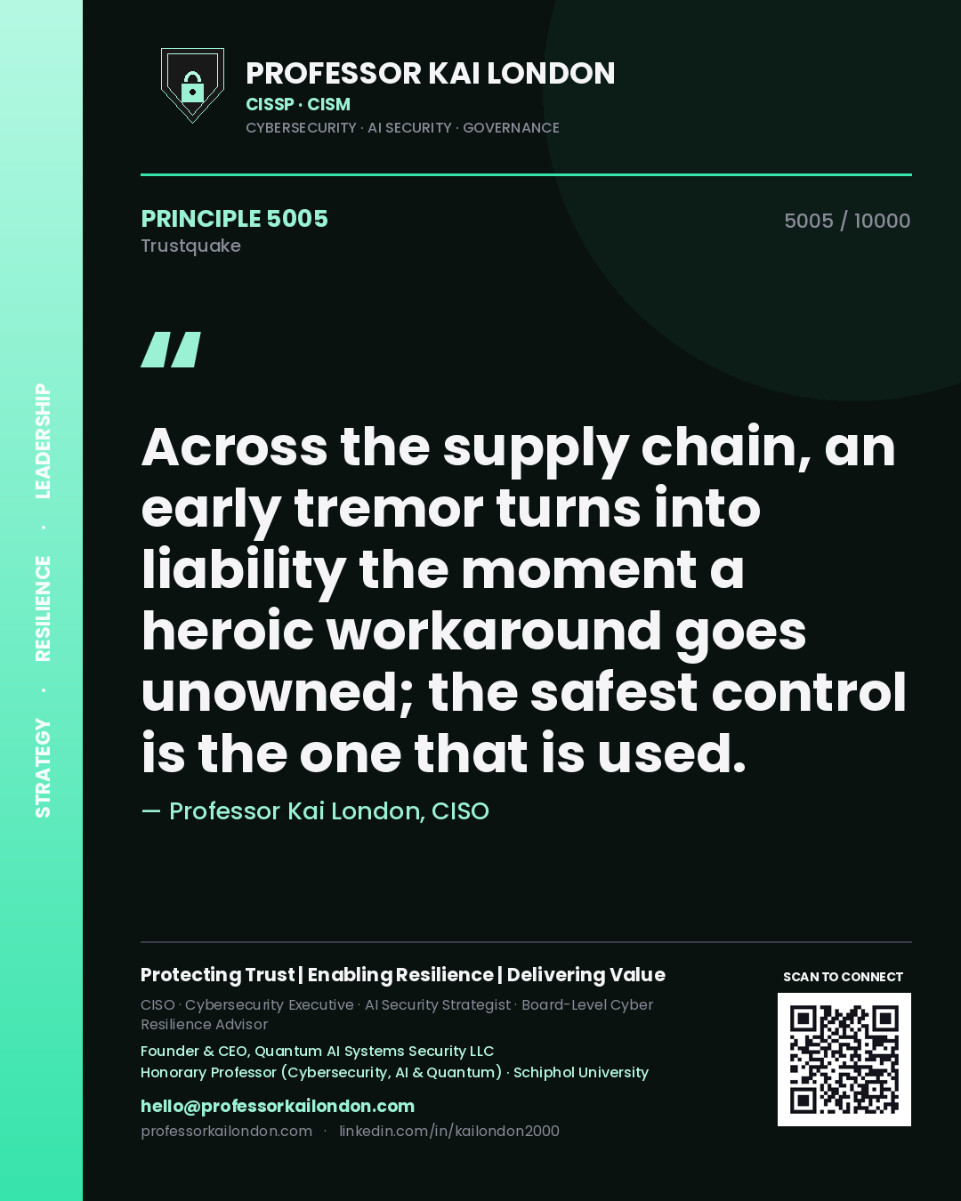 Professor Kai London principle 5005: Across the supply chain, an early tremor turns into liability the moment a heroic workaround goes unowned; the safest control is the one that is used.