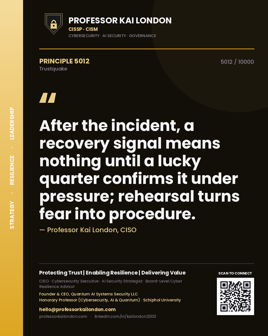 Quote card by Professor Kai London reading 'After the incident, a recovery signal means nothing until a lucky quarter confirms it under pressure; rehearsal turns fear into procedure.'. From the book Trustquake.