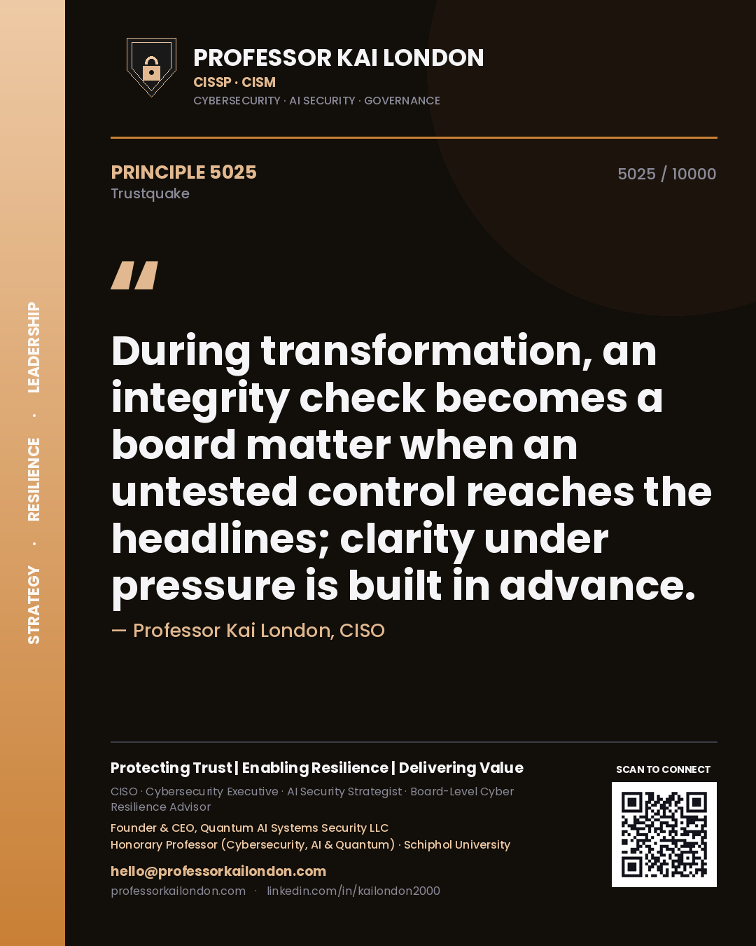 Professor Kai London principle 5025: During transformation, an integrity check becomes a board matter when an untested control reaches the headlines; clarity under pressure is built in advance.