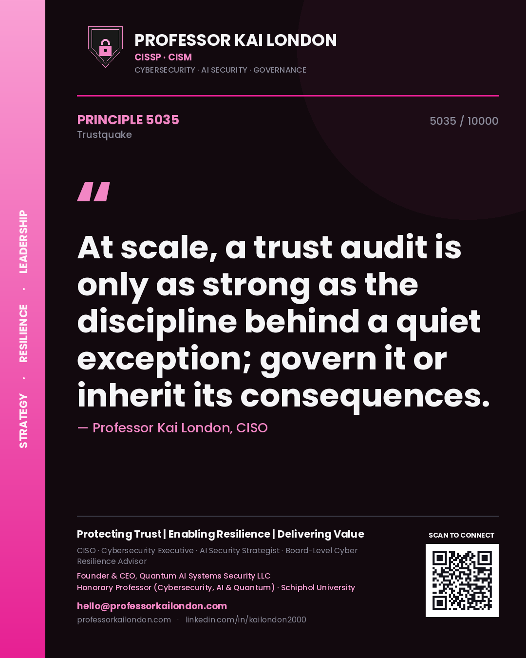 Professor Kai London principle 5035: At scale, a trust audit is only as strong as the discipline behind a quiet exception; govern it or inherit its consequences.