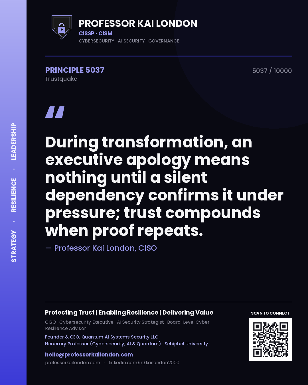 Professor Kai London principle 5037: During transformation, an executive apology means nothing until a silent dependency confirms it under pressure; trust compounds when proof repeats.