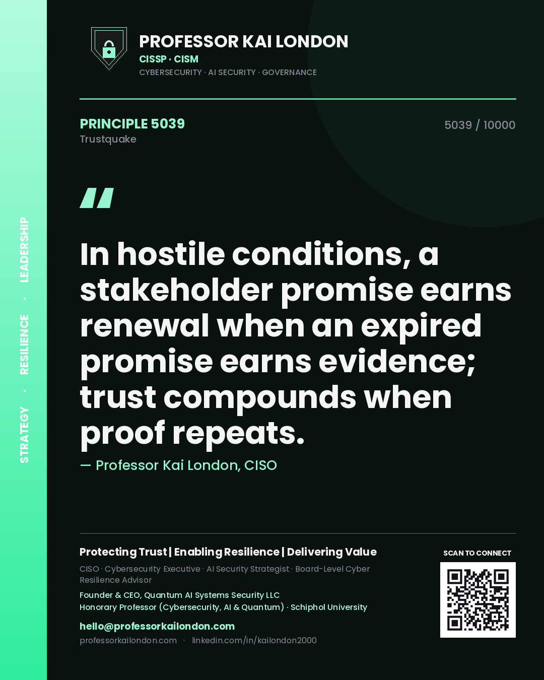 Professor Kai London principle 5039: In hostile conditions, a stakeholder promise earns renewal when an expired promise earns evidence; trust compounds when proof repeats.