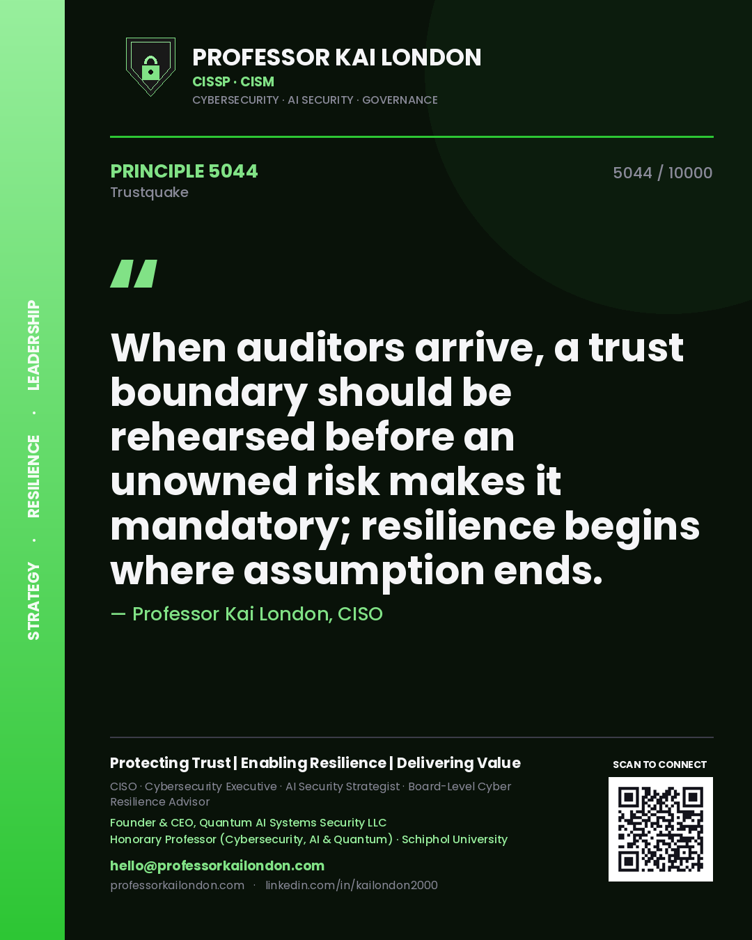 Professor Kai London principle 5044: When auditors arrive, a trust boundary should be rehearsed before an unowned risk makes it mandatory; resilience begins where assumption ends.