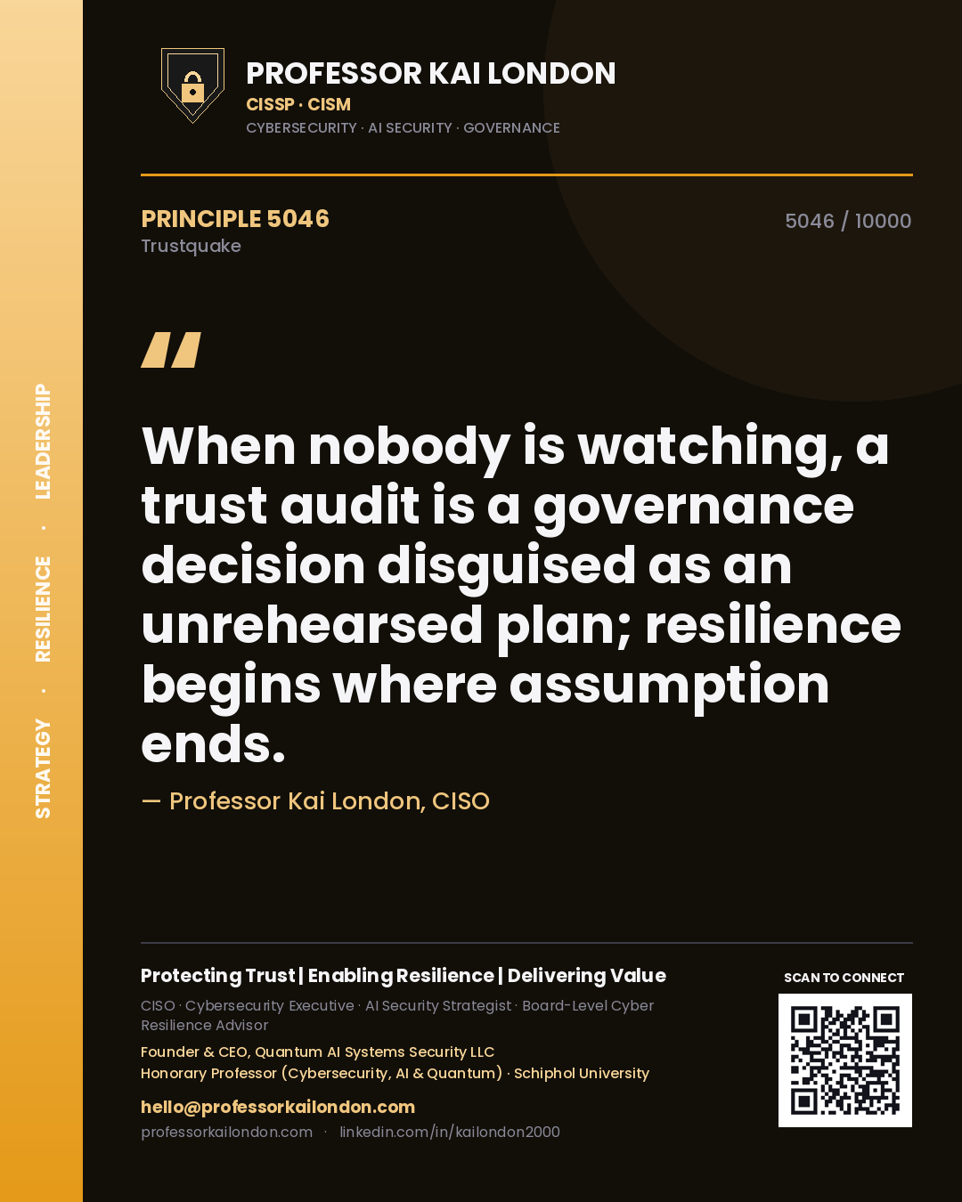 Quote card by Professor Kai London reading 'When nobody is watching, a trust audit is a governance decision disguised as an unrehearsed plan; resilience begins where assumption ends.'. From the book Trustquake.