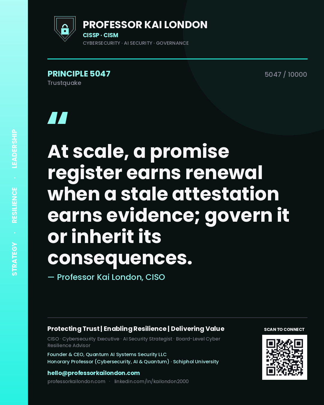Quote card by Professor Kai London reading 'At scale, a promise register earns renewal when a stale attestation earns evidence; govern it or inherit its consequences.'. From the book Trustquake.