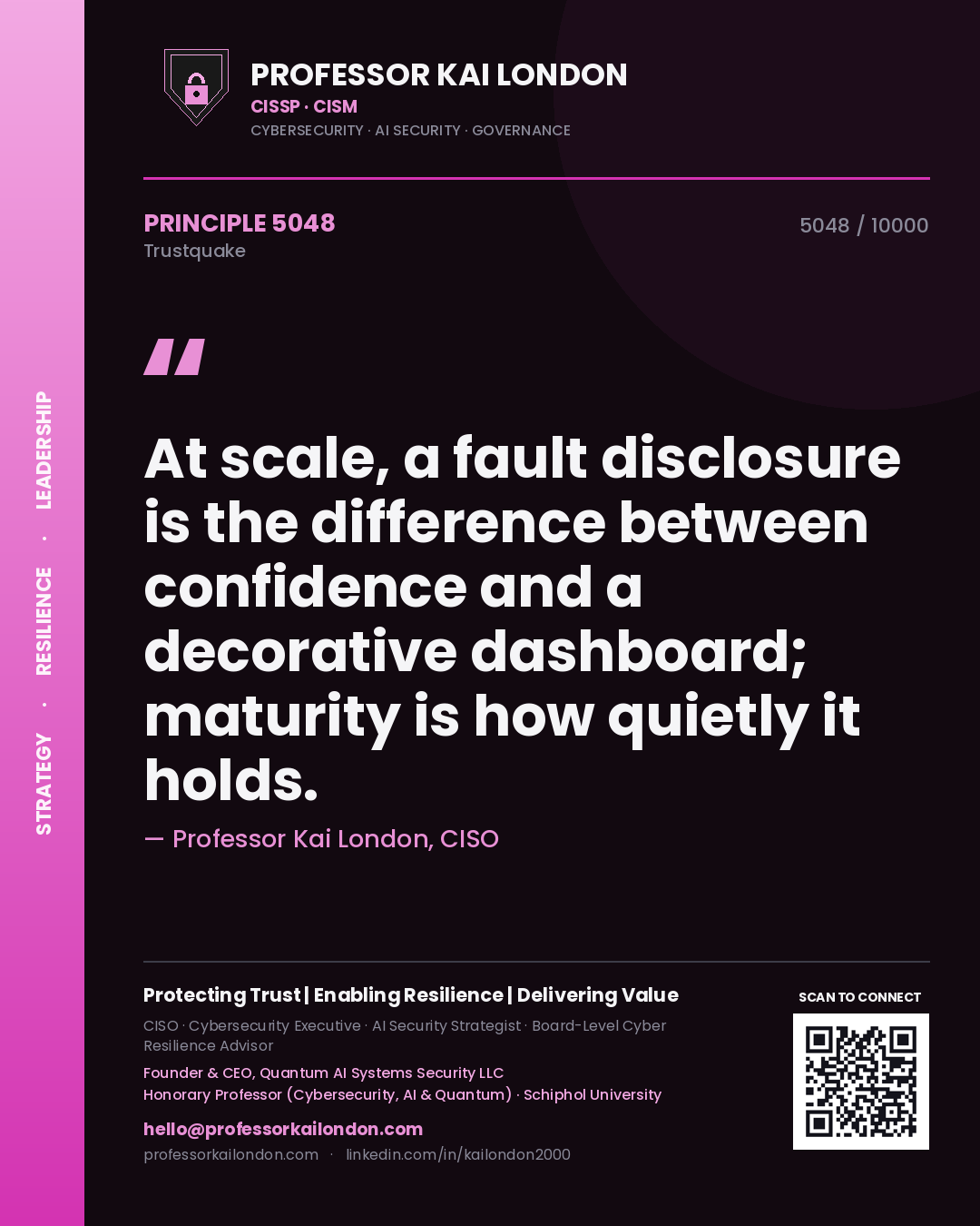 Quote card by Professor Kai London reading 'At scale, a fault disclosure is the difference between confidence and a decorative dashboard; maturity is how quietly it holds.'. From the book Trustquake.