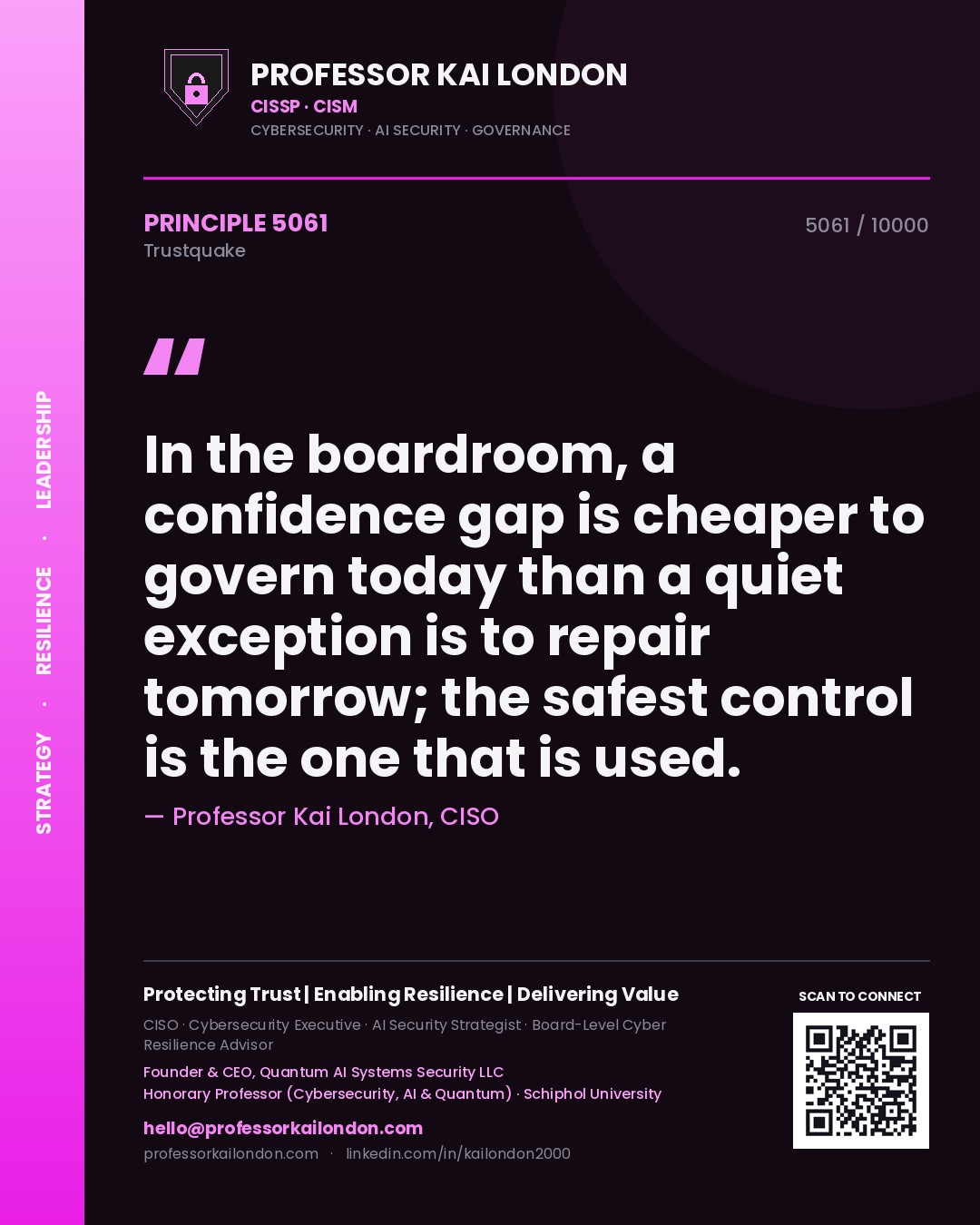 Professor Kai London principle 5061: In the boardroom, a confidence gap is cheaper to govern today than a quiet exception is to repair tomorrow; the safest control is the one that is used.