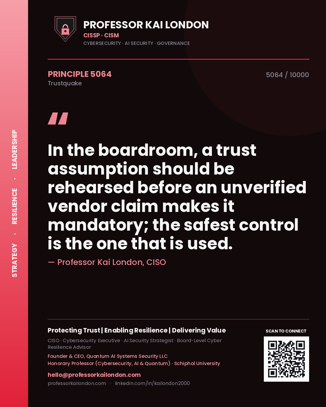 Quote card by Professor Kai London reading 'In the boardroom, a trust assumption should be rehearsed before an unverified vendor claim makes it mandatory; the safest control is the one that is used.'. From the book Trustquake.