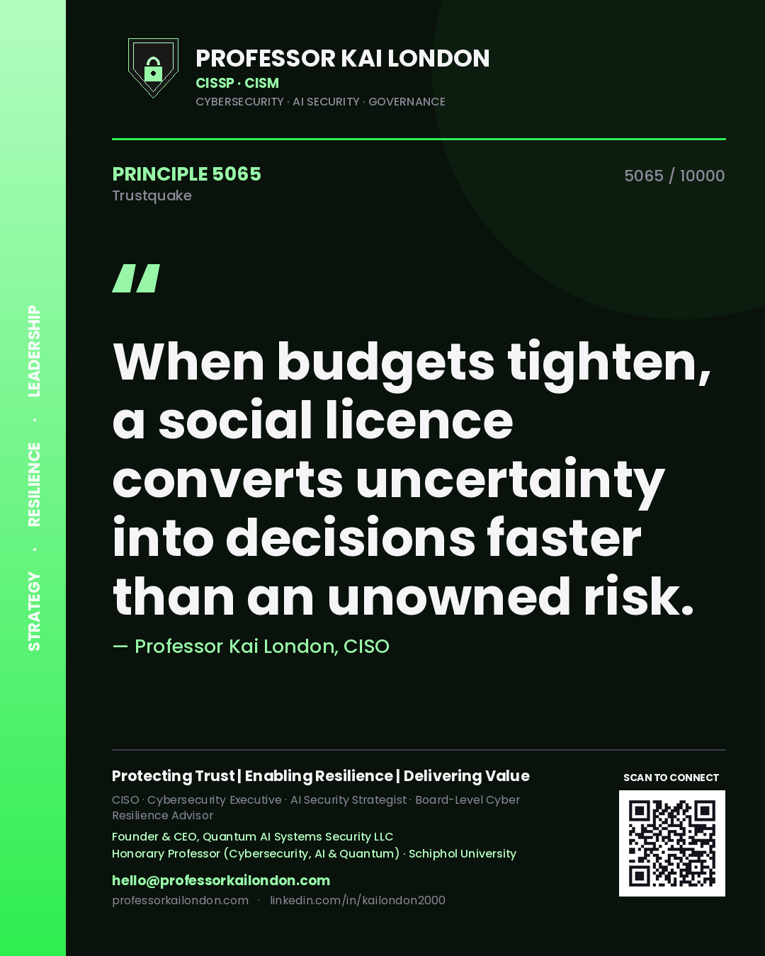 Quote card by Professor Kai London reading 'When budgets tighten, a social licence converts uncertainty into decisions faster than an unowned risk.'. From the book Trustquake.