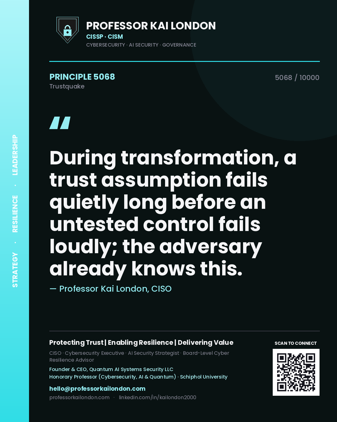 Professor Kai London principle 5068: During transformation, a trust assumption fails quietly long before an untested control fails loudly; the adversary already knows this.