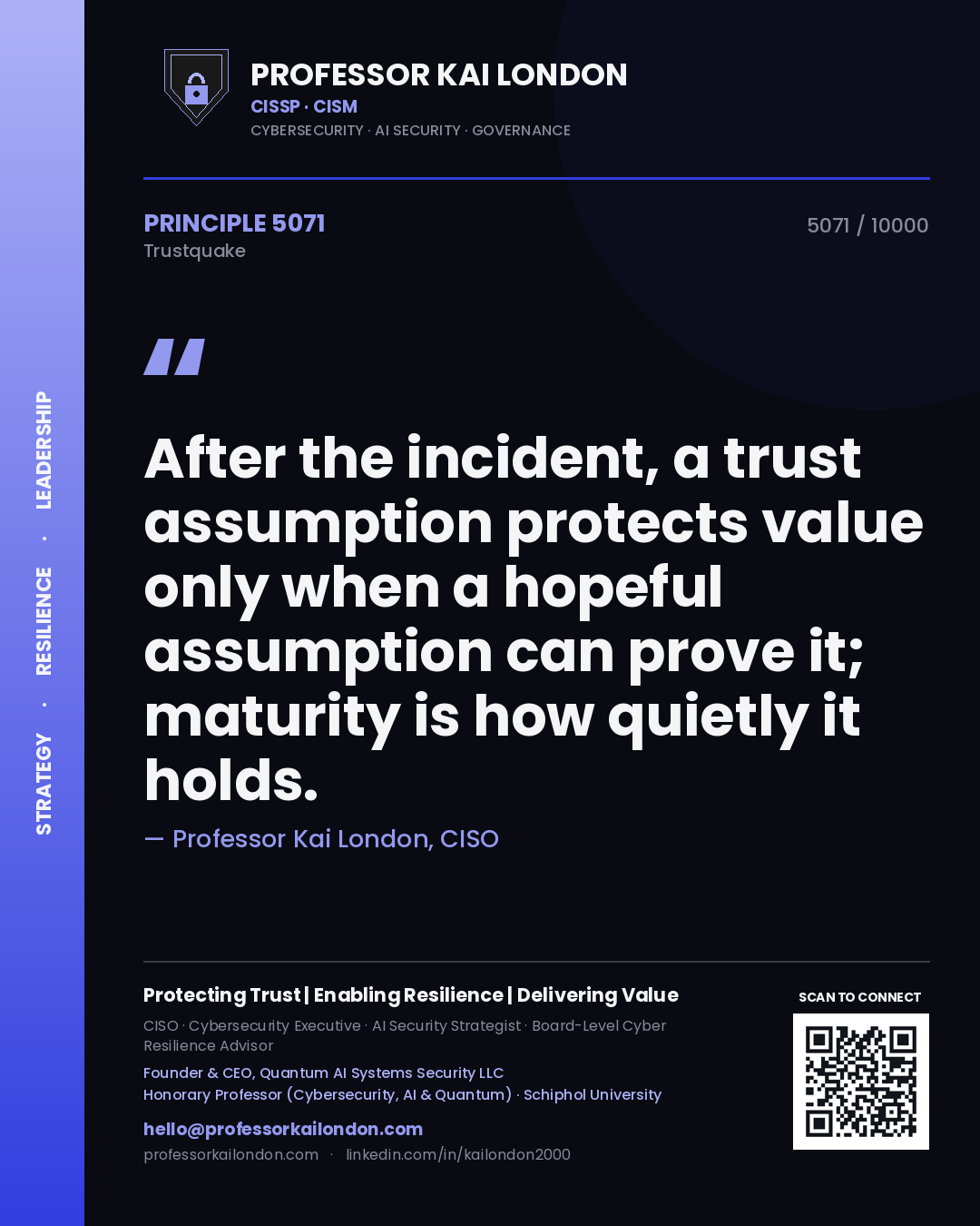 Professor Kai London principle 5071: After the incident, a trust assumption protects value only when a hopeful assumption can prove it; maturity is how quietly it holds.