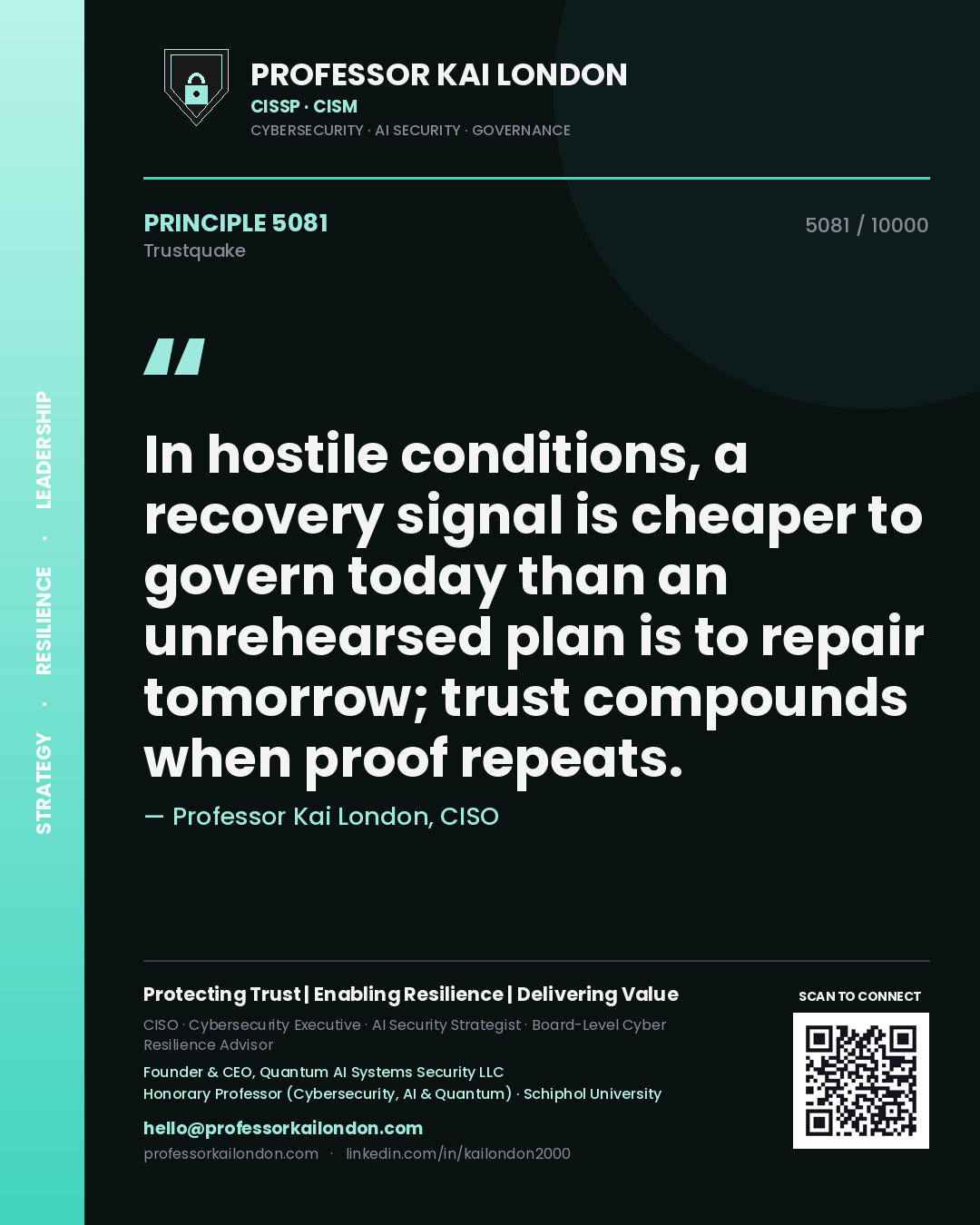 Professor Kai London principle 5081: In hostile conditions, a recovery signal is cheaper to govern today than an unrehearsed plan is to repair tomorrow; trust compounds when proof repeats.