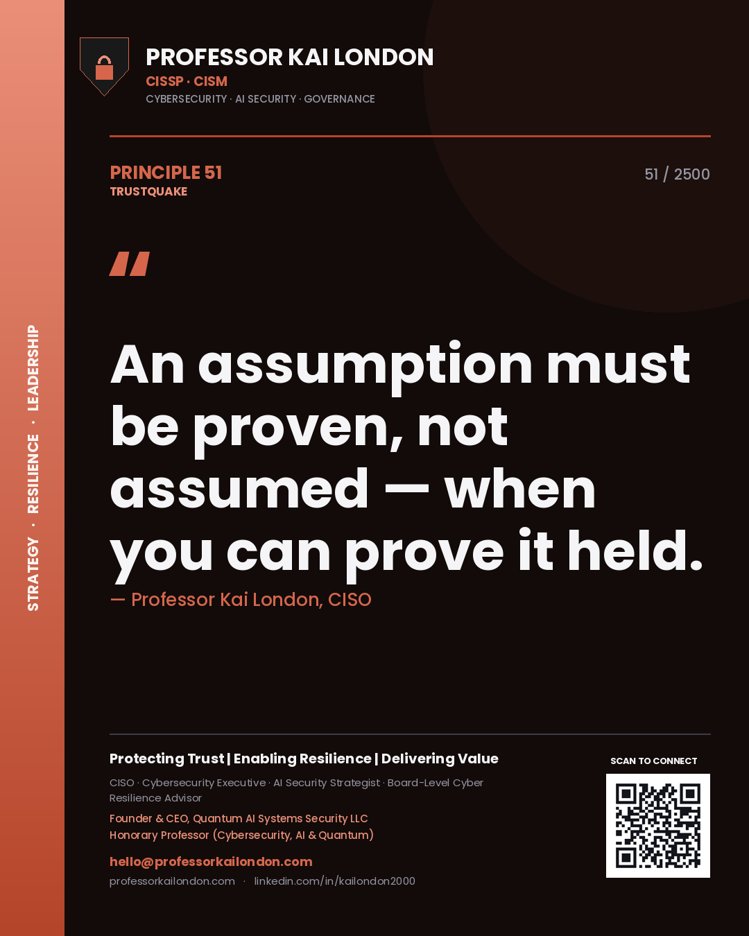 Professor Kai London principle 51: An assumption must be proven, not assumed — when you can prove it held.