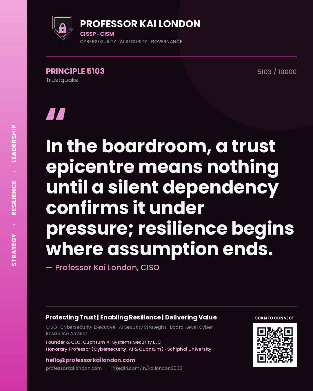 Quote card by Professor Kai London reading 'In the boardroom, a trust epicentre means nothing until a silent dependency confirms it under pressure; resilience begins where assumption ends.'. From the book Trustquake.